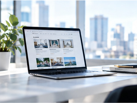 Webサイトを表示したノートパソコンと観葉植物がある明るい机